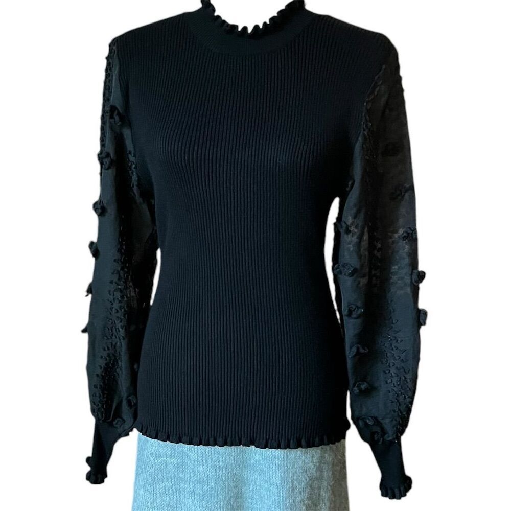 Almost Famous Women's XL Black Sweater Sheer Pompom Sleeves Ruffle Neck​​